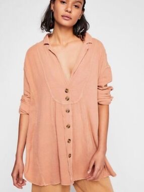 FREE PEOPLE All About The Feels Dusty Pink Gauzy Cotton Button Front Tunic SZ L